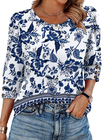 Women's Printed Elegant 34 Sleeves Round Neck T-shirt With Buttons