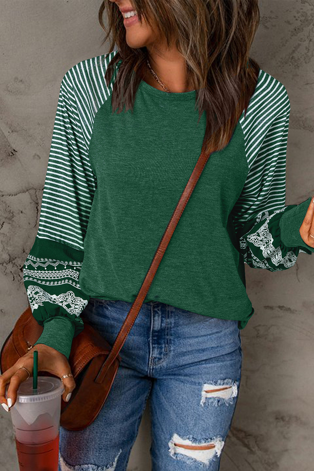 Blackish Green Contrast Print Striped Raglan Long Sleeve Loose Top