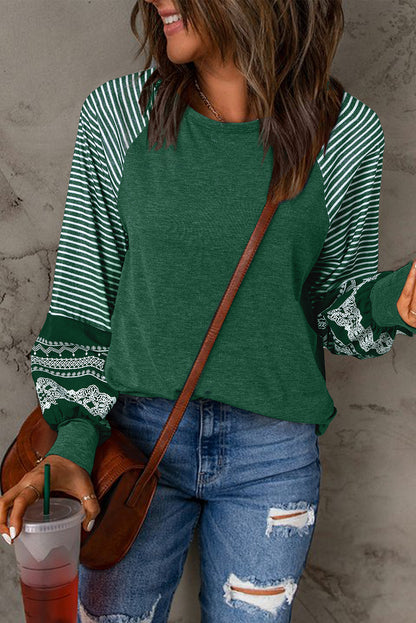 Blackish Green Contrast Print Striped Raglan Long Sleeve Loose Top