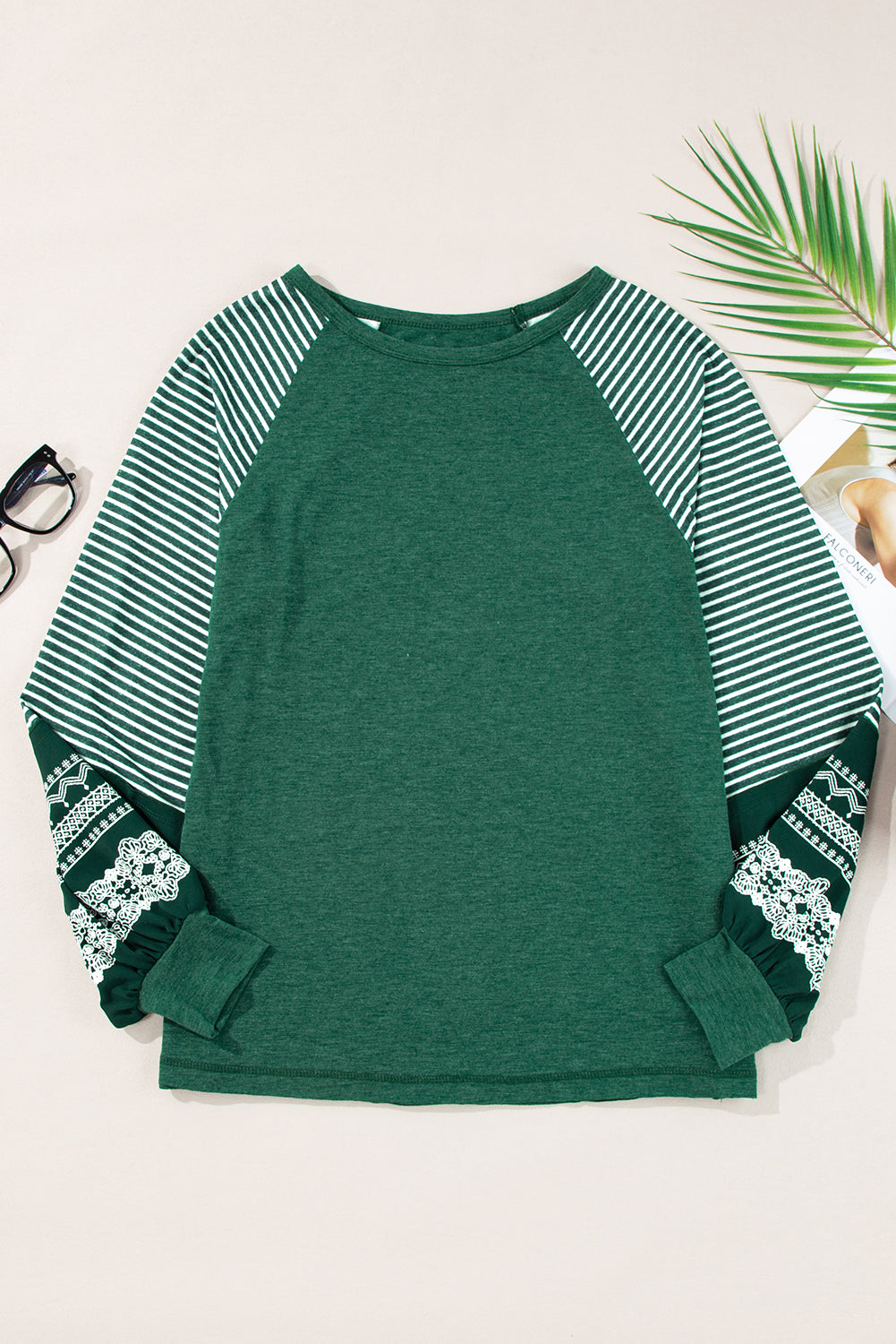 Blackish Green Contrast Print Striped Raglan Long Sleeve Loose Top