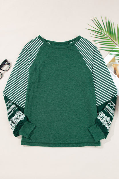 Blackish Green Contrast Print Striped Raglan Long Sleeve Loose Top