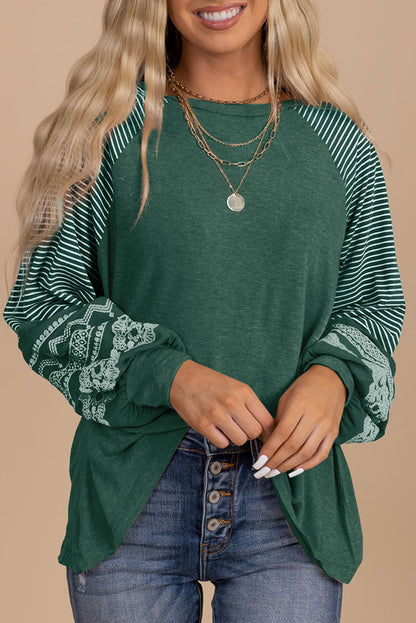 Blackish Green Contrast Print Striped Raglan Long Sleeve Loose Top