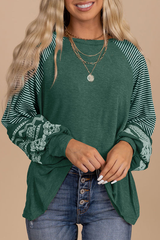 Blackish Green Contrast Print Striped Raglan Long Sleeve Loose Top