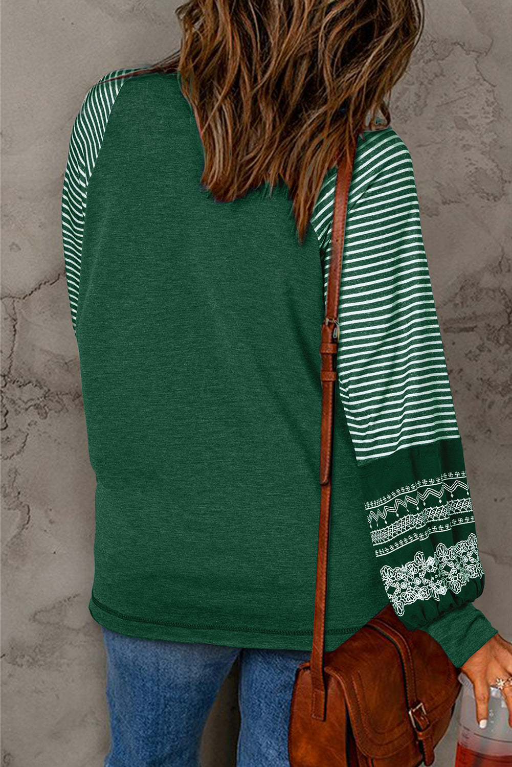 Blackish Green Contrast Print Striped Raglan Long Sleeve Loose Top