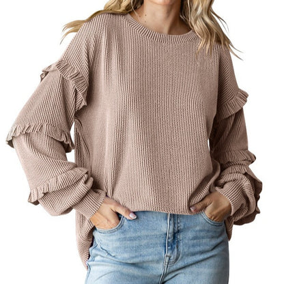 Women's Lantern Sleeve Round Neck Lace Sleeve Top