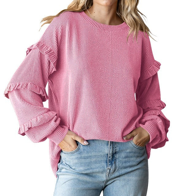 Women's Lantern Sleeve Round Neck Lace Sleeve Top