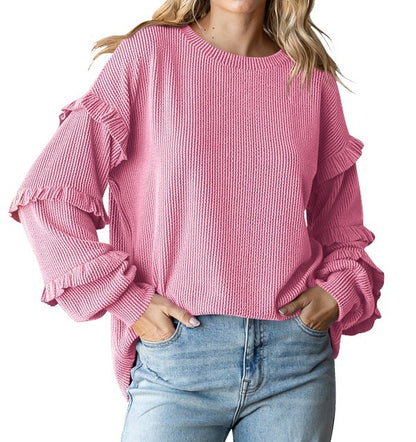 Women's Lantern Sleeve Round Neck Lace Sleeve Top