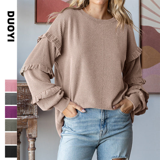 Women's Lantern Sleeve Round Neck Lace Sleeve Top