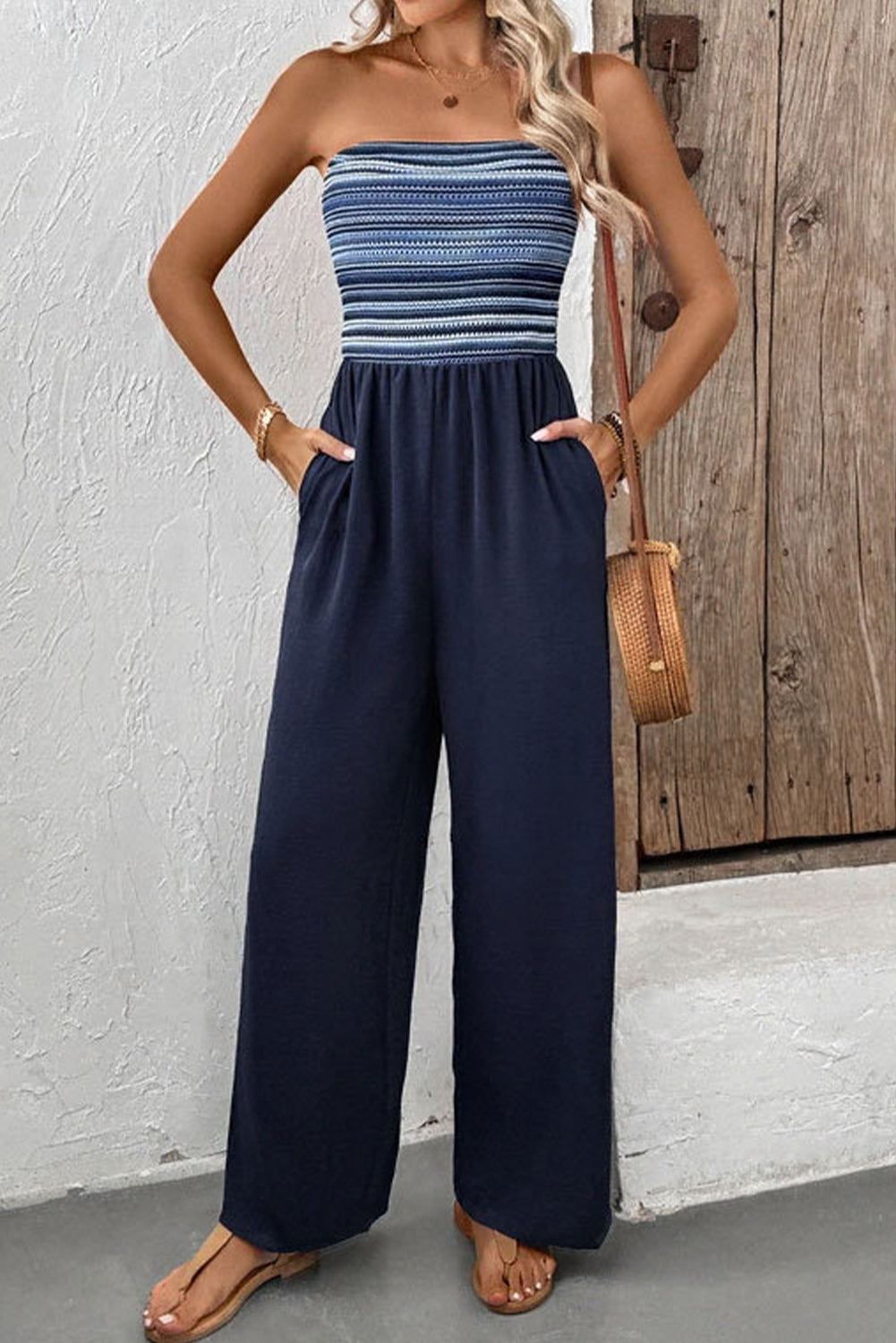 Blue Stripe Tube Top Patchwork Jumpsuit