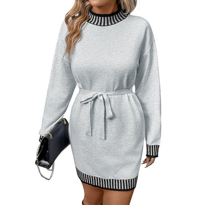 Striped Design Half Turtleneck Contrast Color Long Sleeves Woolen Skirt