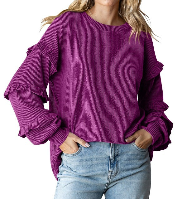 Women's Lantern Sleeve Round Neck Lace Sleeve Top
