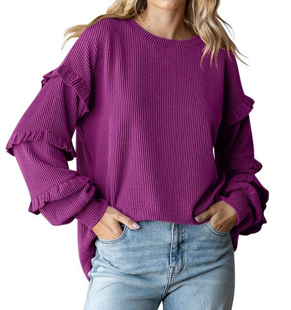 Women's Lantern Sleeve Round Neck Lace Sleeve Top