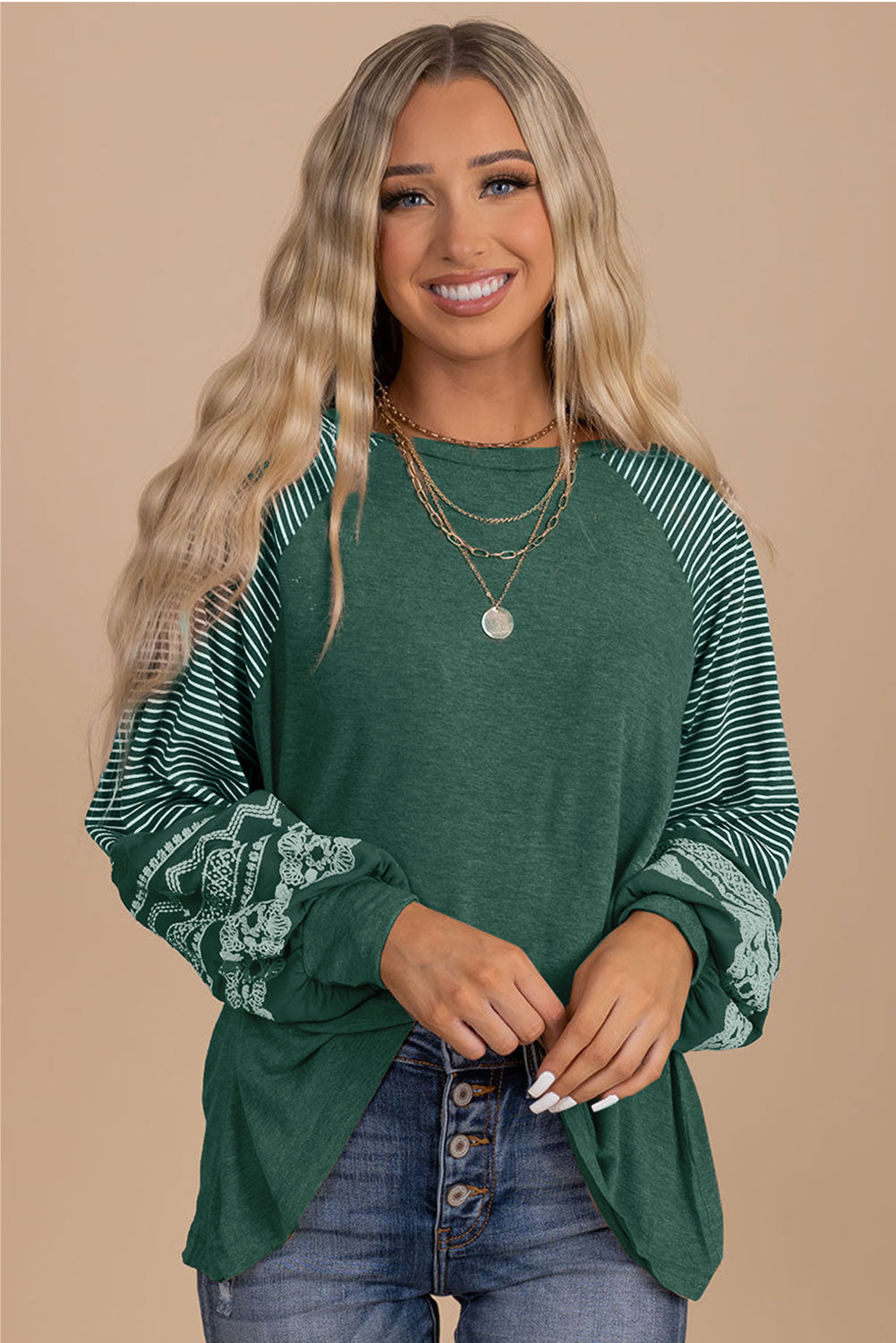 Blackish Green Contrast Print Striped Raglan Long Sleeve Loose Top