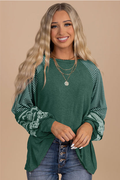 Blackish Green Contrast Print Striped Raglan Long Sleeve Loose Top