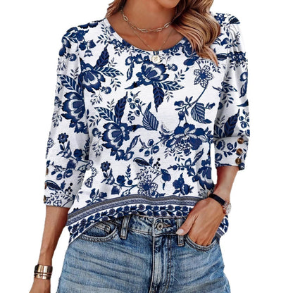 Women's Printed Elegant 34 Sleeves Round Neck T-shirt With Buttons