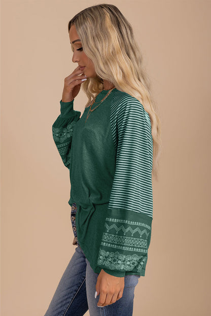 Blackish Green Contrast Print Striped Raglan Long Sleeve Loose Top
