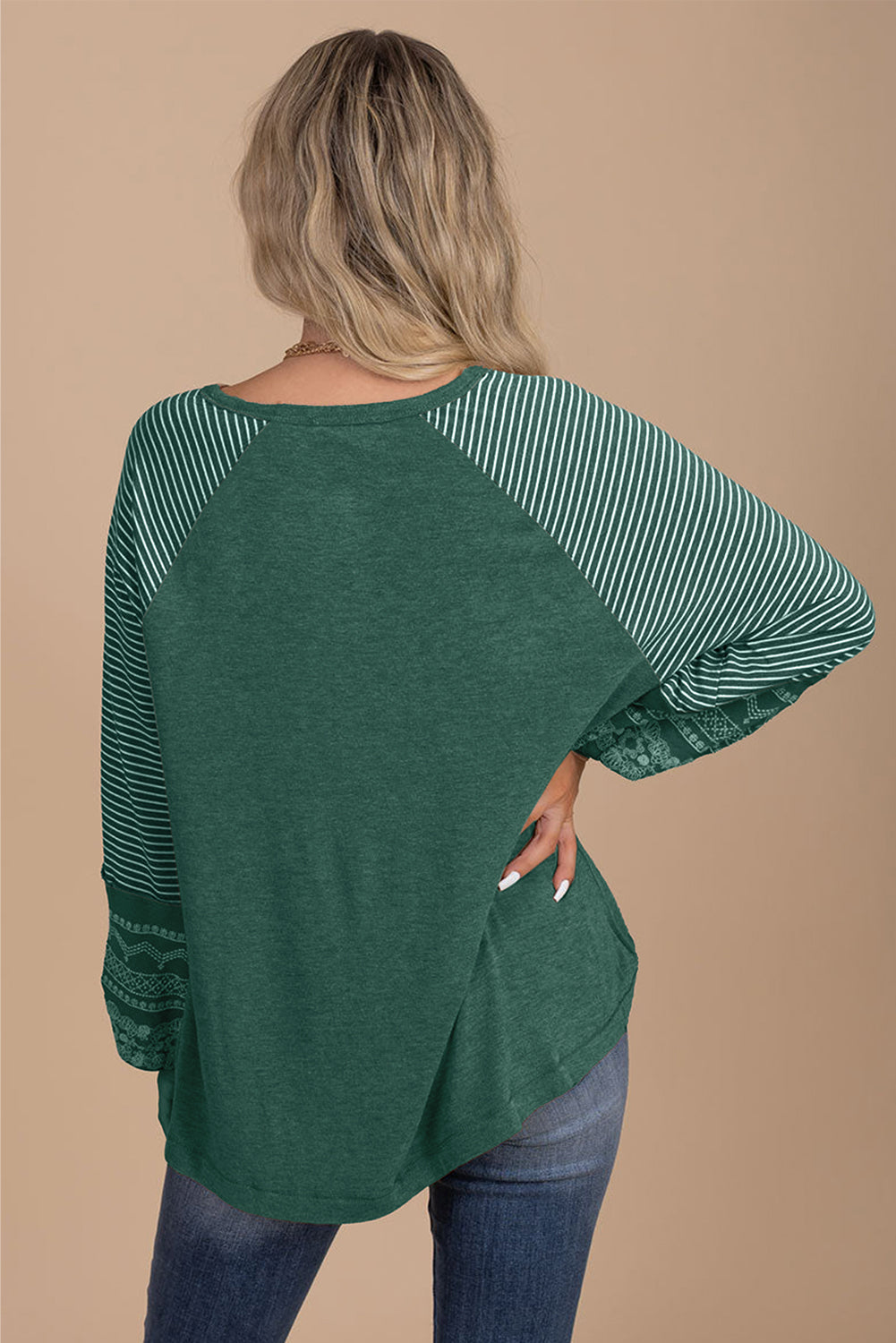 Blackish Green Contrast Print Striped Raglan Long Sleeve Loose Top