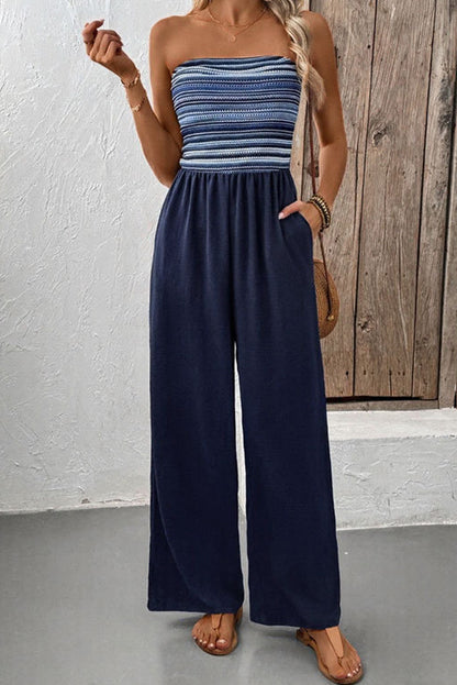Blue Stripe Tube Top Patchwork Jumpsuit