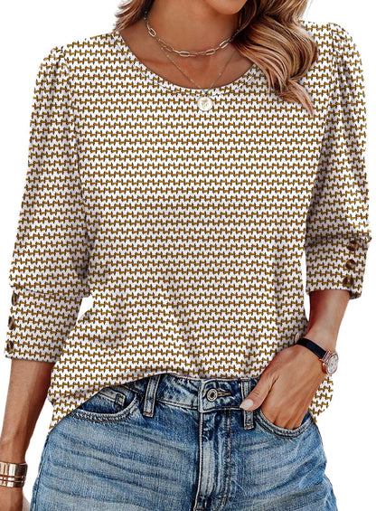 Women's Printed Elegant 34 Sleeves Round Neck T-shirt With Buttons