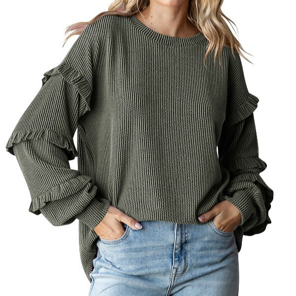 Women's Lantern Sleeve Round Neck Lace Sleeve Top