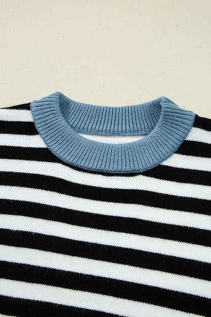 Black Striped Colorblock Patchwork Long Sleeve Sweater