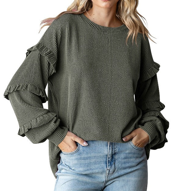 Women's Lantern Sleeve Round Neck Lace Sleeve Top