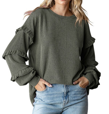Women's Lantern Sleeve Round Neck Lace Sleeve Top