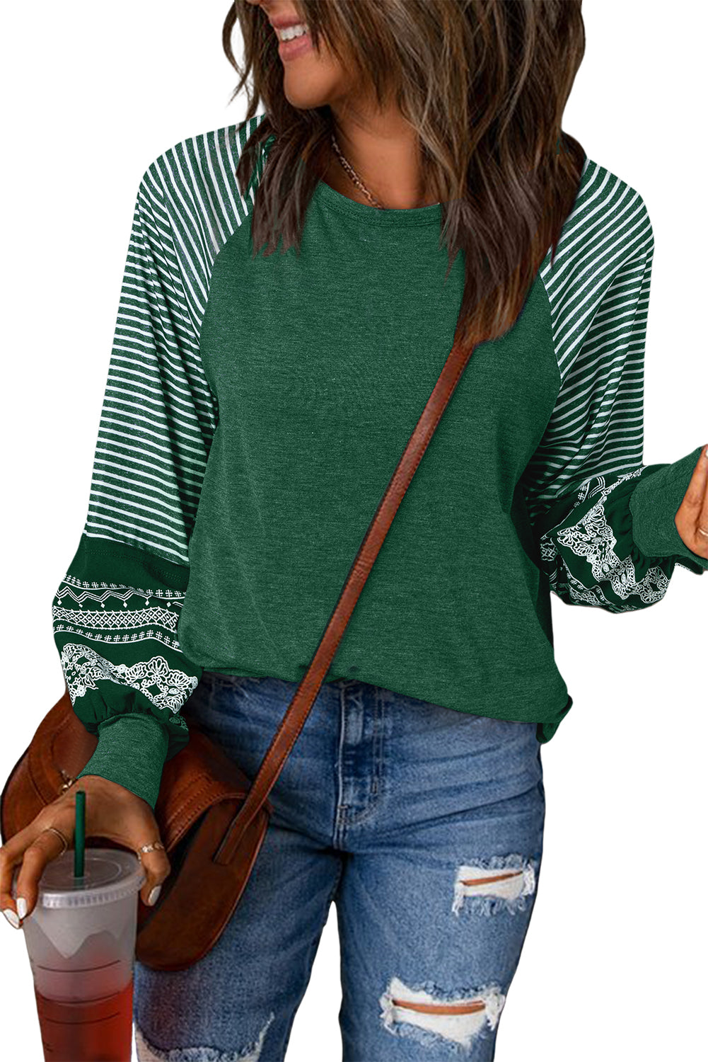 Blackish Green Contrast Print Striped Raglan Long Sleeve Loose Top