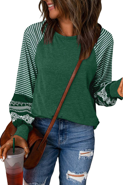 Blackish Green Contrast Print Striped Raglan Long Sleeve Loose Top
