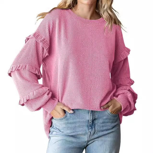 Women's Lantern Sleeve Round Neck Lace Sleeve Top