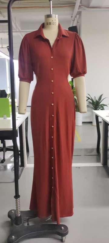 Lapel Button Shirt Five Point Puff Sleeve Dress
