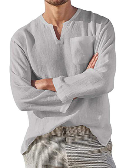 Men's Long Sleeve V Neck Casual Beach Linen Shirt