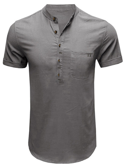 Men's woven solid color short-sleeved cotton and linen shirt