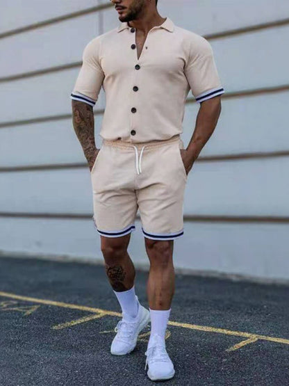 Men's color contrast lapel short-sleeved shirt + shorts two-piece suit