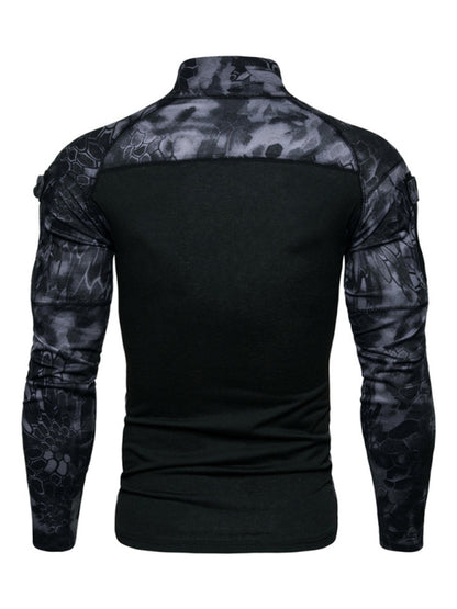 Men's Military Field Outdoor Elastic Fitness Camouflage Long Sleeve Zipper Pocket T-Shirt