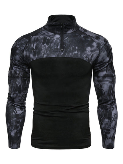 Men's Military Field Outdoor Elastic Fitness Camouflage Long Sleeve Zipper Pocket T-Shirt
