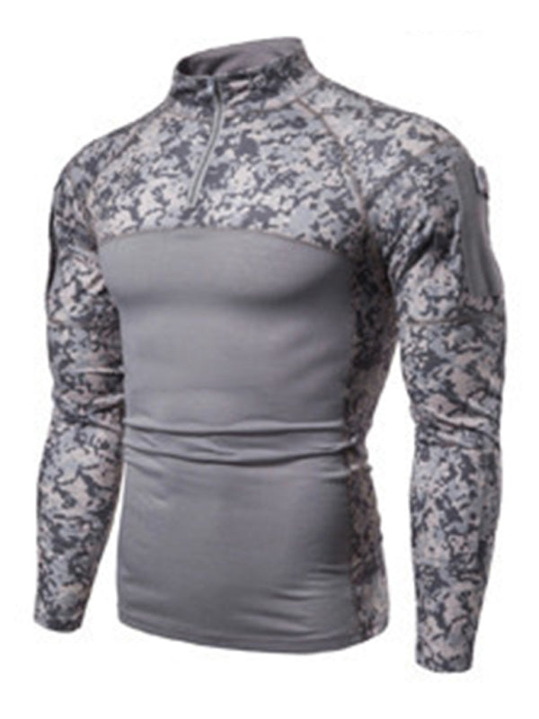 Men's Military Field Outdoor Elastic Fitness Camouflage Long Sleeve Zipper Pocket T-Shirt