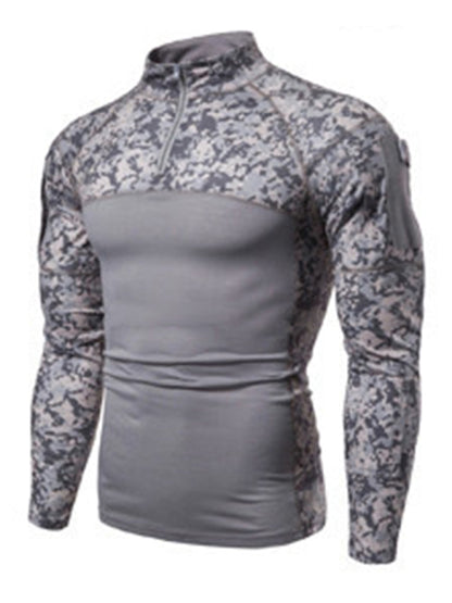 Men's Military Field Outdoor Elastic Fitness Camouflage Long Sleeve Zipper Pocket T-Shirt