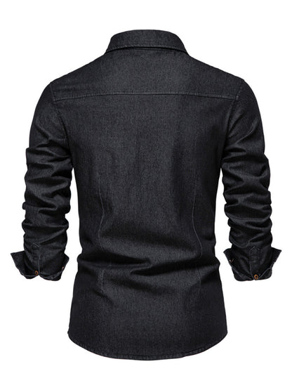 Men's casual solid color non-iron denim long-sleeved shirt