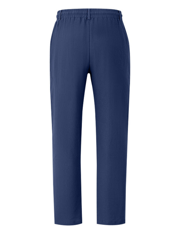 Men's navy blue breathable linen loose casual trousers