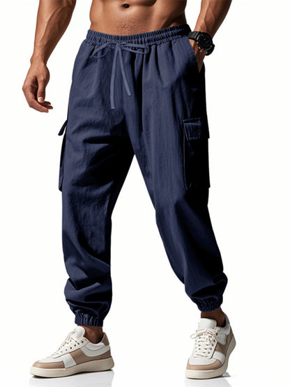 Men's linen casual outdoor sports pants with cuffs and multi-pocket work pants