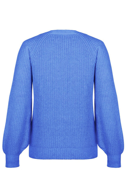 Solid V-Neck Lantern Sleeve Button Knit Cardigan