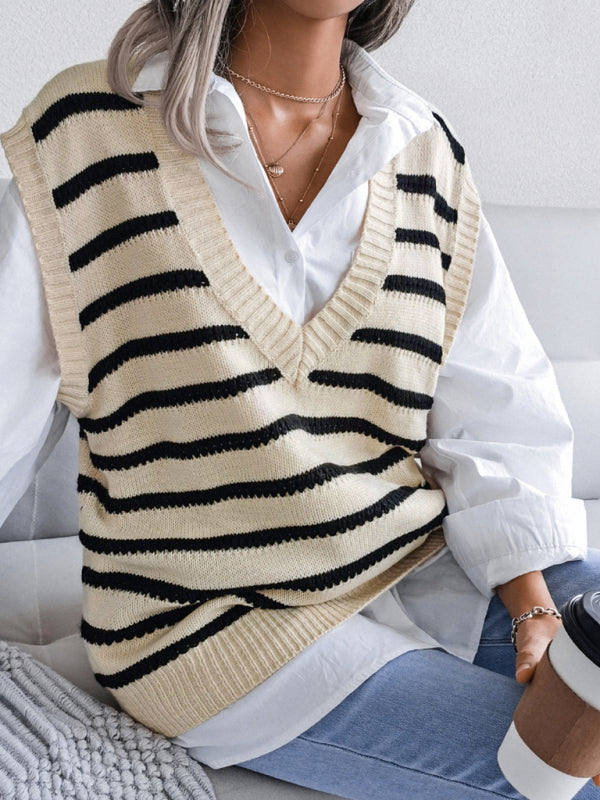 Women's V-neck stripe casual knitting vest sweater