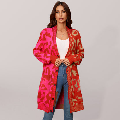 Women's mid-length leopard print stitching sweater knitted cardigan coat