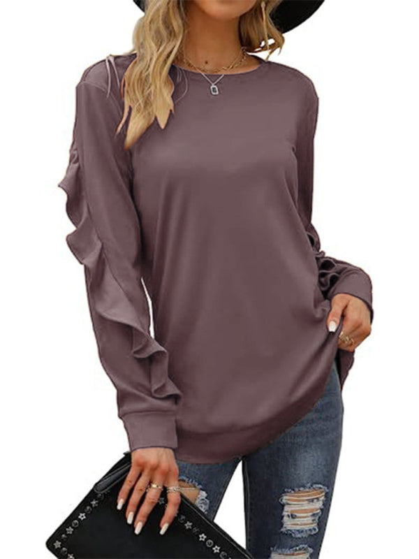 New casual round neck sweater pleated long-sleeved top
