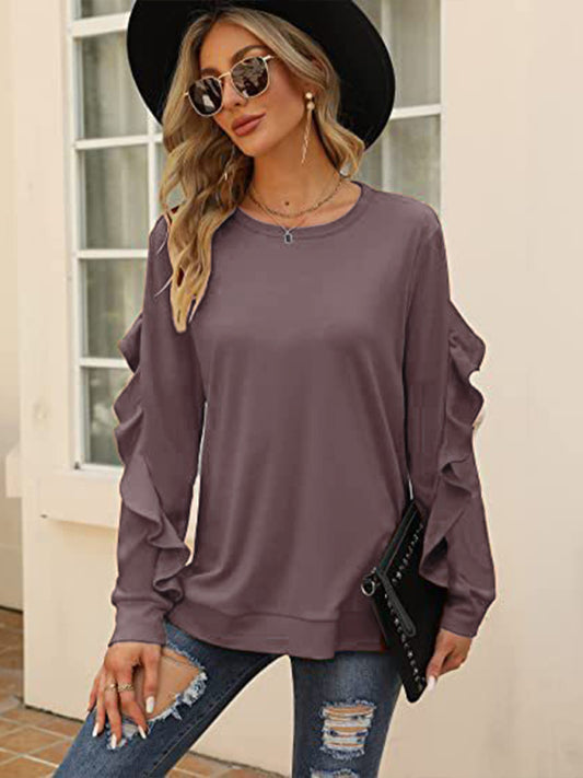 New casual round neck sweater pleated long-sleeved top
