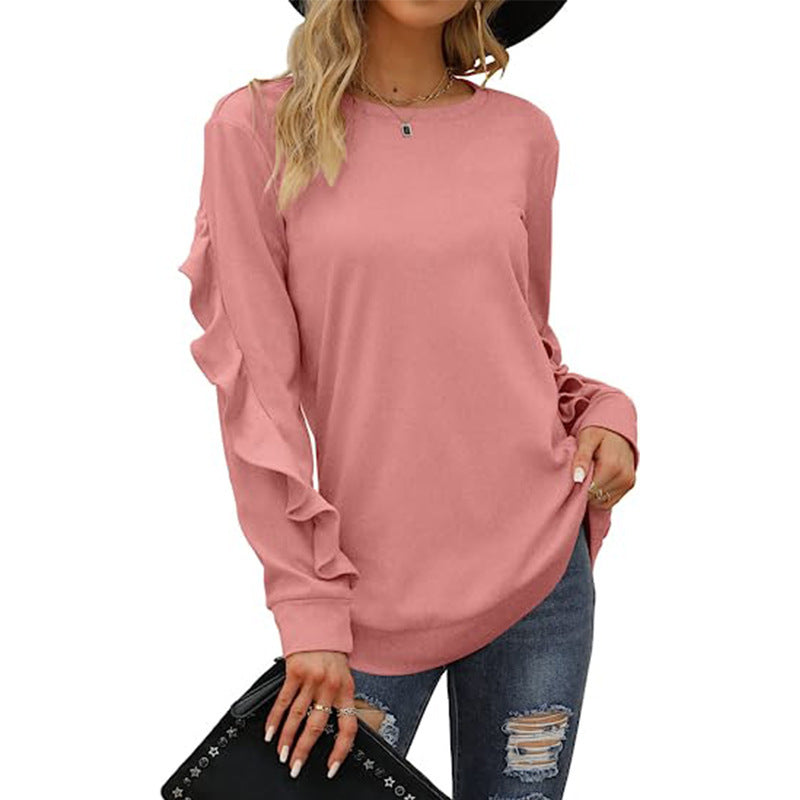 New casual round neck sweater pleated long-sleeved top