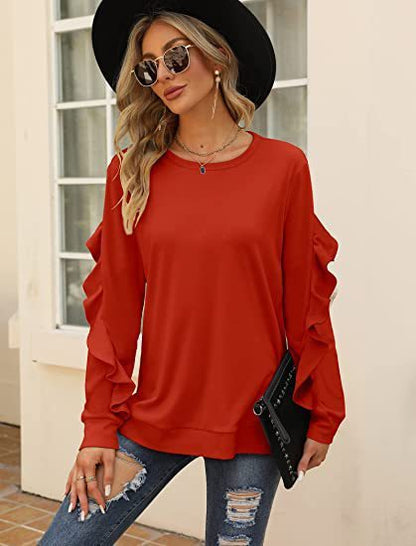 New casual round neck sweater pleated long-sleeved top