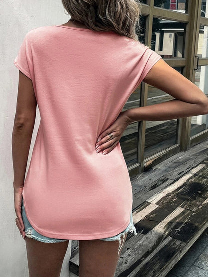 Women's solid color round neck zipper stitching lace short-sleeved T-shirt