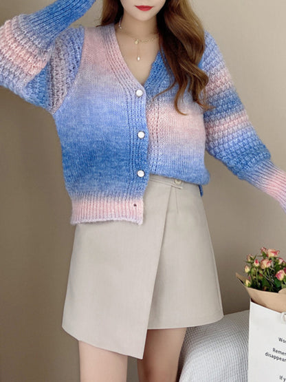 Rainbow Gradient Color Sweater Loose Lazy Long-sleeved V-neck Knit Cardigan